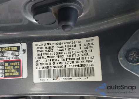 2012 Honda Insight Ex z USA, uszkodzony, nr VIN JHMZE2H74CS004789